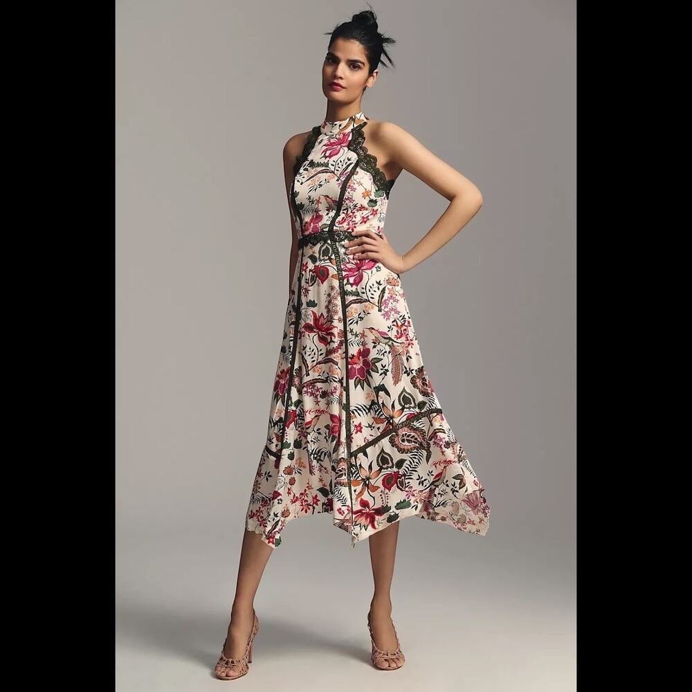 Anthropologie Lace Trim Boho Floral Botanical Bird Print A-Line Dress Size 4